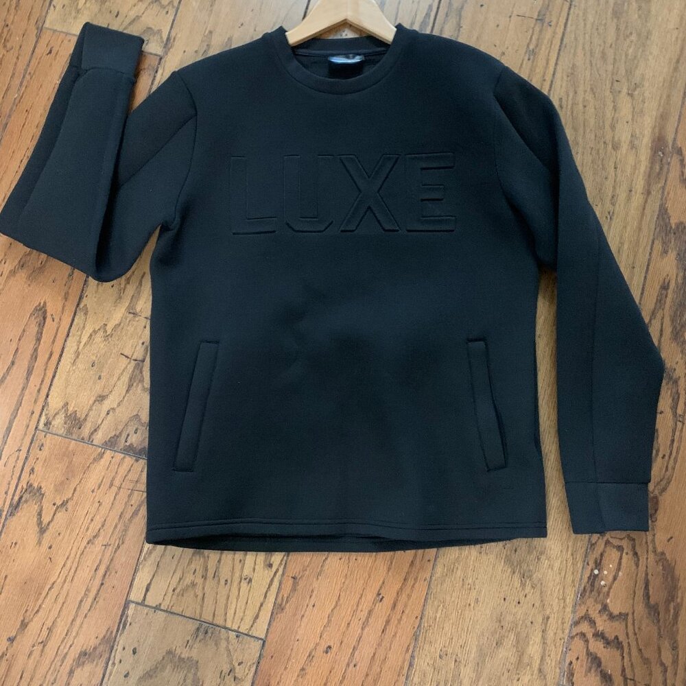 Maniere De Voir black pullover, top, front pockets, size M, "LUXE" across chest